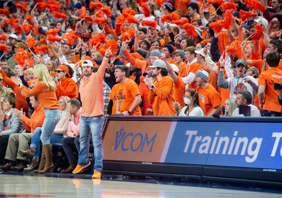 Auburn fans react to a call as Auburn Tigers men's basketball takes on Kentucky Wildcats at Auburn Arena in Auburn, Ala., on Saturday, Jan. 22, 2022. Kentucky Wildcats lead Auburn Tigers 33-29 at halftime.