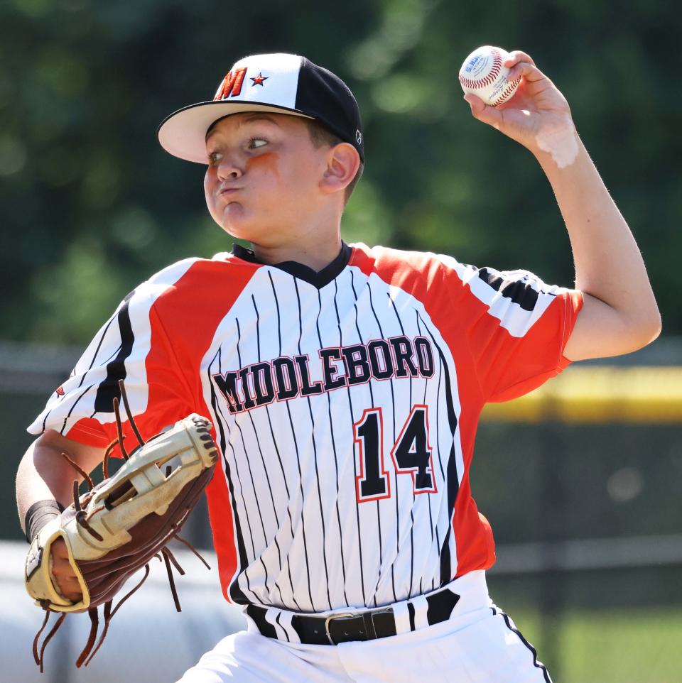 Middleboro 12U Nationals pitcher Cayden Ellis delivers a pitch during a game versus Bangor East, Maine at the Bartlett Giamatti Little League Leadership Training Center in Bristol, Connecticut for the New England Regional tournament on Monday, August  8, 2022.