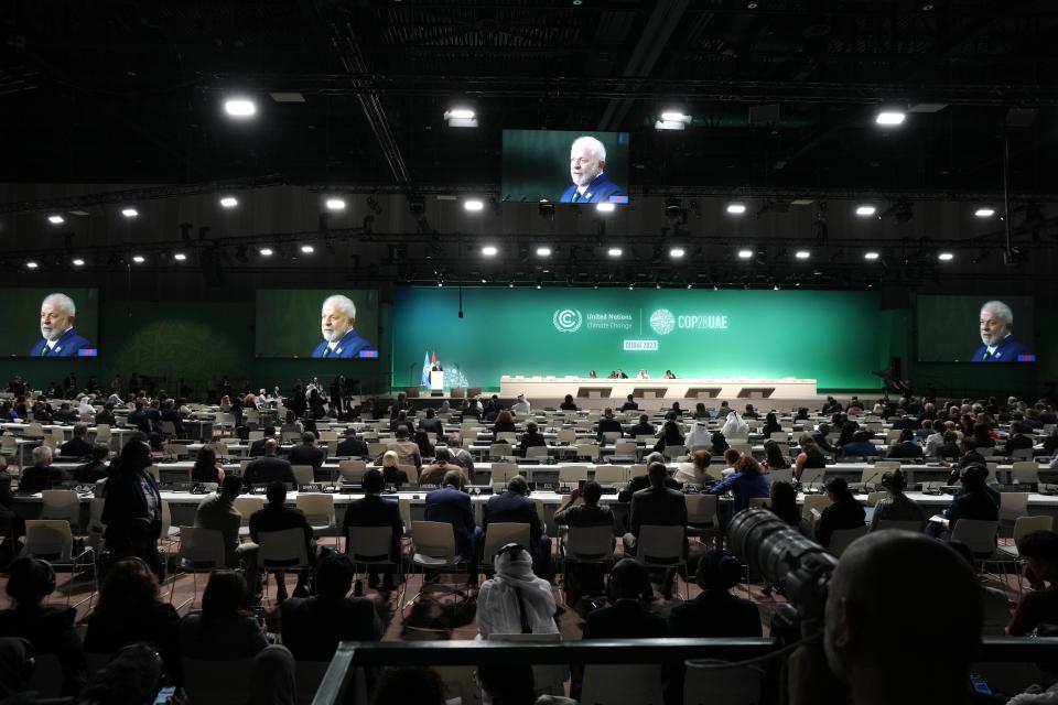 FILE - Brazil President Luiz Inacio Lula da Silva speaks during a plenary session at the COP28 U.N. Climate Summit, Dec. 1, 2023, in Dubai, United Arab Emirates. (AP Photo/Peter Dejong, File)