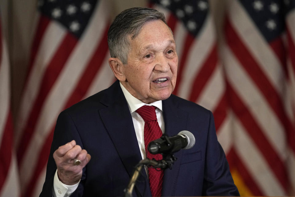 Former Ohio congressman and two-time Democratic presidential candidate Dennis Kucinich announces his Independent candidacy for Congress in Ohio's 7th Congressional District, Wednesday, Jan. 24, 2024, in Independence, Ohio. (AP Photo/Sue Ogrocki)