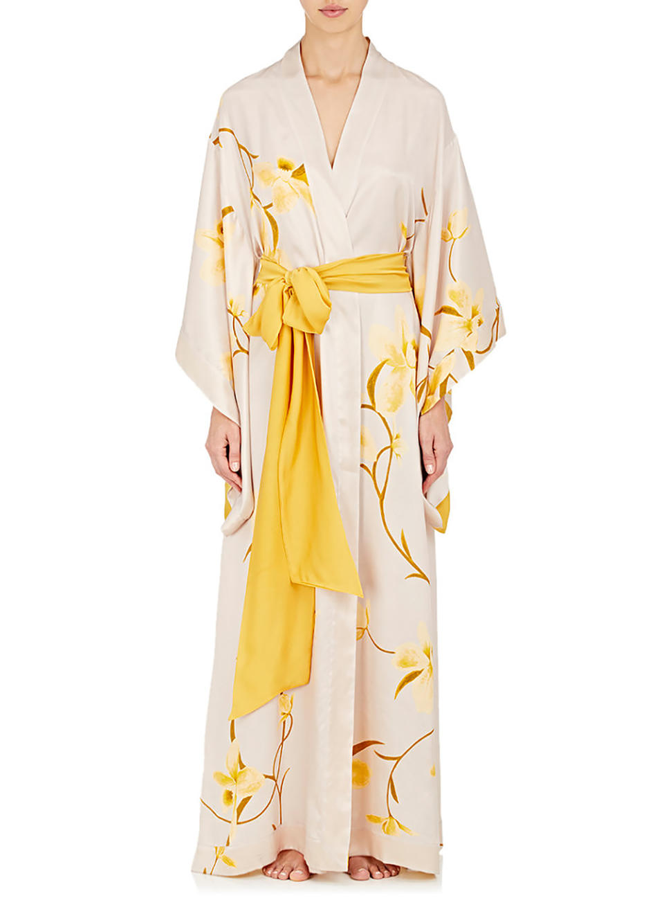 Flower-Print Silk Long Kimono Robe