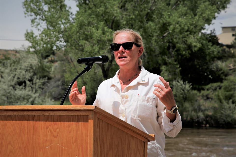 Maggie Hart Stebbins, the New Mexico natural resources trustee, discusses her agency's involvement in the creation of a new boat ramp on the Animas River in Cedar Hill on Tuesday, June 6.