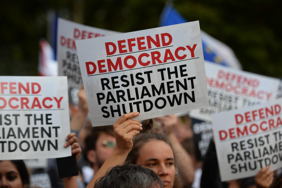 Protestors from Another Europe is Possible outside the Houses of Parliament, London, to demonstrate against Prime Minister Boris Johnson temporarily closing down the Commons from the second week of September until October 14 when there will be a Queen's Speech to open a new session of Parliament.