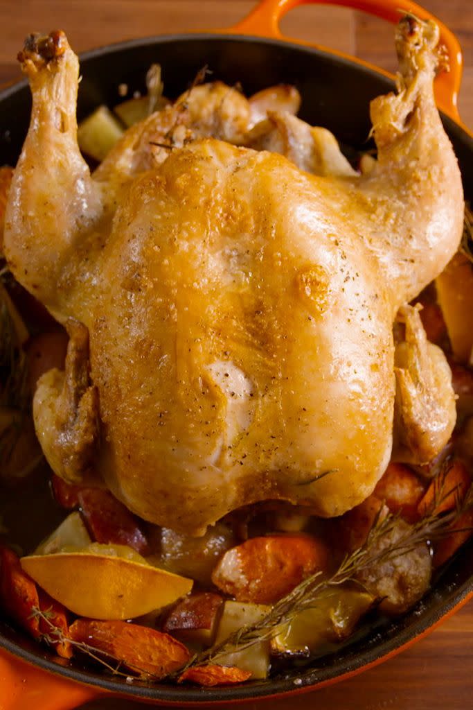 <p>A super comforting roasted chicken, all courtesy of your skillet. Surrounded by potatoes, carrots and fresh herbs, this <a href="https://www.delish.com/cooking/menus/g1467/one-skillet-dinners/" rel="nofollow noopener" target="_blank" data-ylk="slk:skillet;elm:context_link;itc:0;sec:content-canvas" class="link ">skillet</a> chicken is a classic main dish you can count on. </p><p>Get the <a href="https://www.delish.com/cooking/recipe-ideas/recipes/a49625/skillet-roast-chicken-recipe/" rel="nofollow noopener" target="_blank" data-ylk="slk:Skillet Roast Chicken recipe;elm:context_link;itc:0;sec:content-canvas" class="link "><strong>Skillet Roast Chicken recipe</strong></a>. </p>