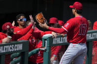 Los Angeles Angels starting pitcher Shohei Ohtani (17) greets teammates after being pulled from the game during the third inning of a spring training baseball game against the Oakland Athletics, Tuesday, Feb. 28, 2023, in Mesa, Ariz. (AP Photo/Matt York)