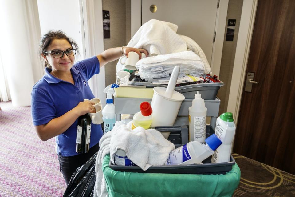 Many jobs, including custodian and hotel housekeeper, involve close-range exposure to multiple chemicals daily. <a href="https://www.gettyimages.com/detail/news-photo/london-hampton-hilton-waterloo-hotel-housekeeping-news-photo/1177460373" rel="nofollow noopener" target="_blank" data-ylk="slk:Jeff Greenberg/Universal Images Group via Getty Images;elm:context_link;itc:0;sec:content-canvas" class="link ">Jeff Greenberg/Universal Images Group via Getty Images</a>