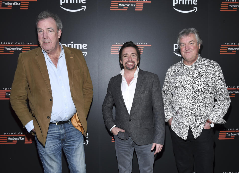 Jeremy Clarkson, left, Richard Hammond and James May attend Amazon’s “The Grand Tour” season two premiere in New York. (Evan Agostini/Invision/AP)