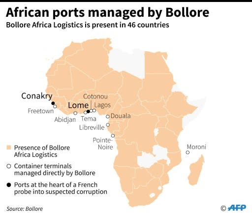 Map of Africa locating ports managed by French industrialist Vincent Bollore, who is being held for questioning by anti-corruption police in France