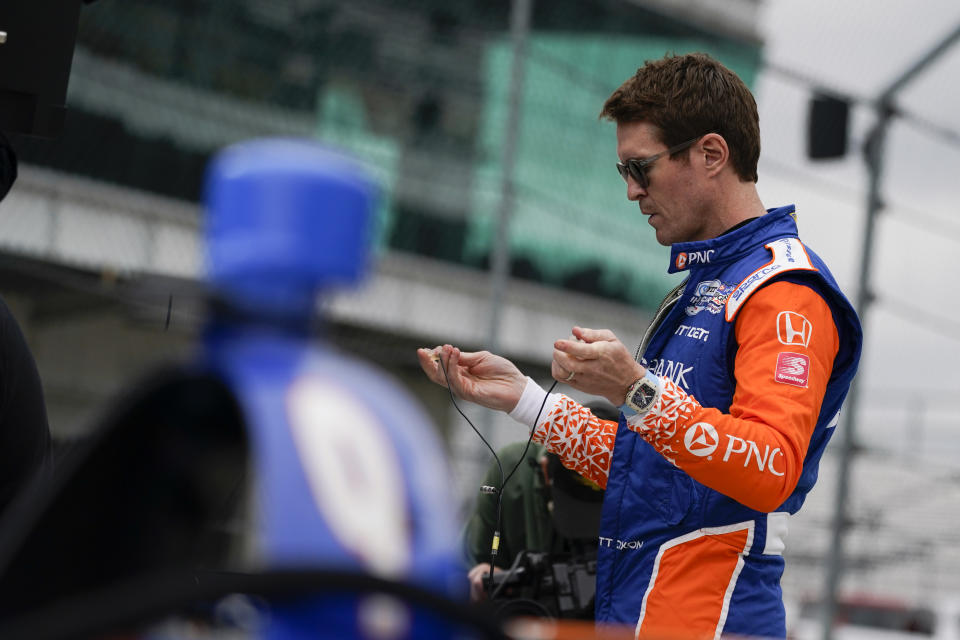 Scott Dixon, of New Zealand, prepares for testing at the Indianapolis Motor Speedway, Thursday, April 8, 2021, in Indianapolis. (AP Photo/Darron Cummings)