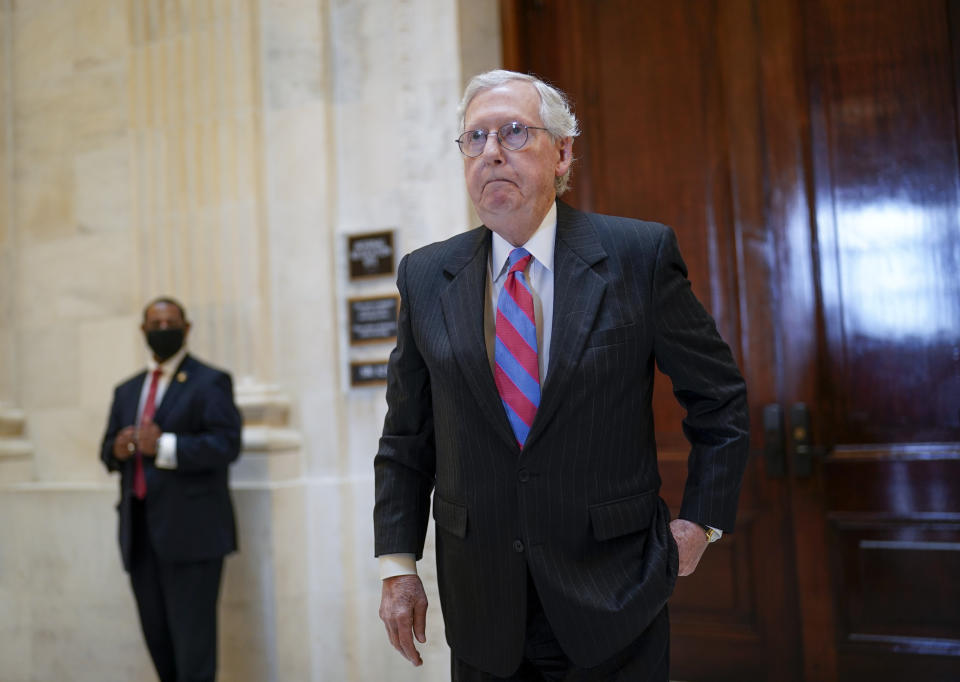 Senate Minority Leader Mitch McConnell, R-Ky., returns to the Senate chamber for a vote at the Capitol in Washington on Sept. 23, 2021. (J. Scott Applewhite/AP)                                                                                                                                                                                                                                                                                                                                                            