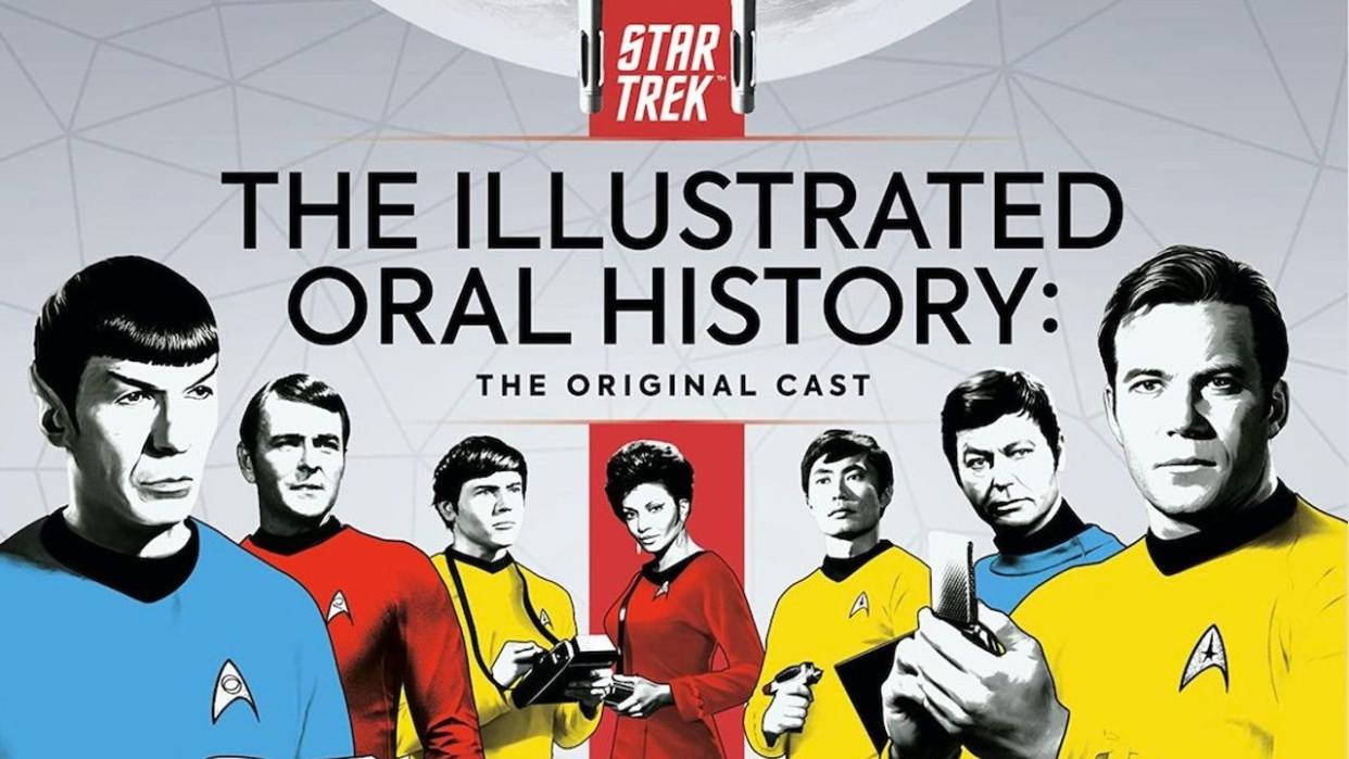  The cast of the original star trek on the cover of a book. 