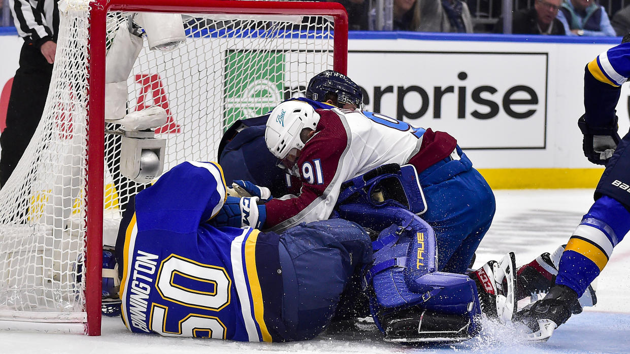 Avalanche forward Nazem Kadri went hard to the net after a loose puck before colliding with a Blues defenceman and barrelling into Binnington, who left the game.  (Photo via USA TODAY Sports)