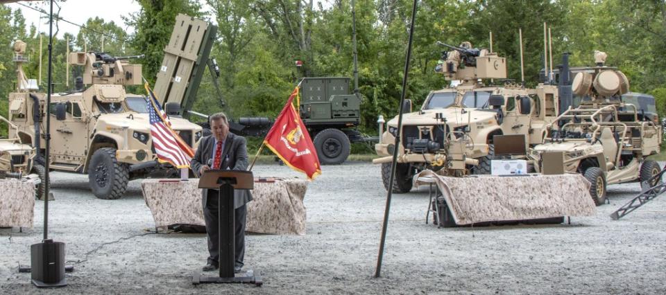 An array of existing and upcoming Marine counter-drone and other air and missile defense capabilities on display at an event at Marine Corps Base Quantico, Virginia, in July 2023. This includes two variants of the JTLV-based Marine Air Defense Integrated System (MADIS), as well as an MRZR-based Light Marine Air Defense Integrated System (LMADIS). An MRIC Expeditionary Launcher can also be seen in the background. <em>USMC</em> Two variants of the JTLV-based Marine Air Defense Integrated System (MADIS), as well as MRZR-based Light Marine Air Defense Integrated System (LMADIS) on display at an event at Marine Corps Base Quantico, Virginia, in July 2023. An MRIC Expeditionary Launcher can also be seen in the background. <em>USMC</em>