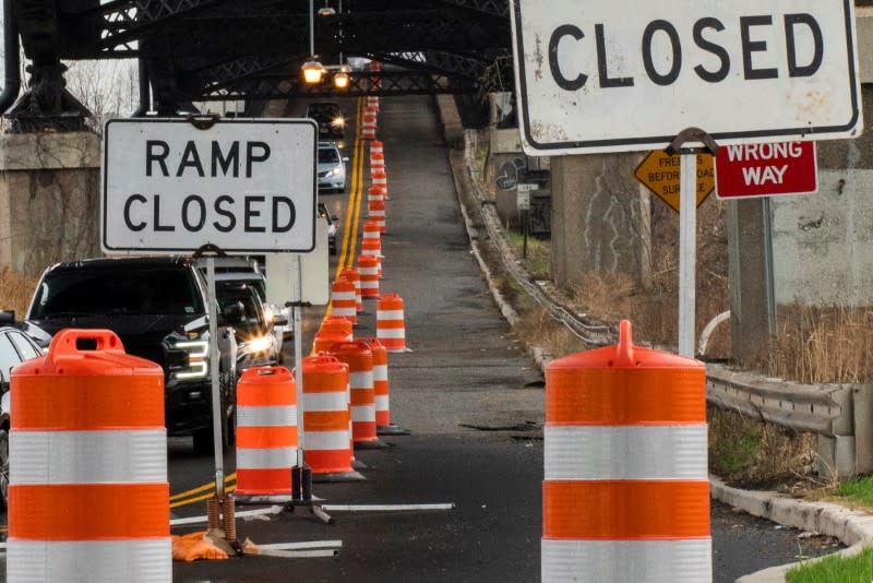 A street is closed due to work in the road in Jersey City