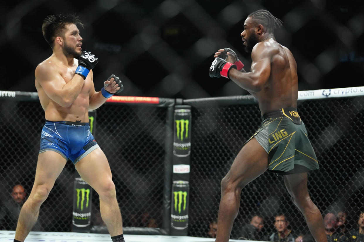 NEWARK, NJ - MAY 06: (L-R) Henry Cejudo and Aljamain Sterling competes in a Bantamweight bout during UFC 288: Sterling versus Cejudo on May 6, 2023, at Prudential Center in Newark, NJ. (Photo by Louis Grasse/PxImages/Icon Sportswire via Getty Images)