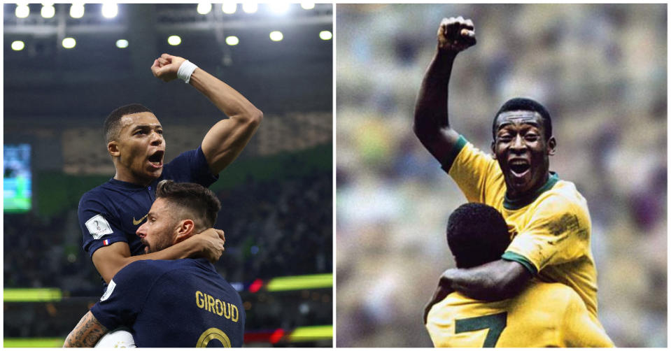 Similar World Cup celebrations: Kylian Mbappe and Olivier Giroud in 2022 (left) vs Pele and Jairzinho in 1970. (PHOTOS: Getty Images)
