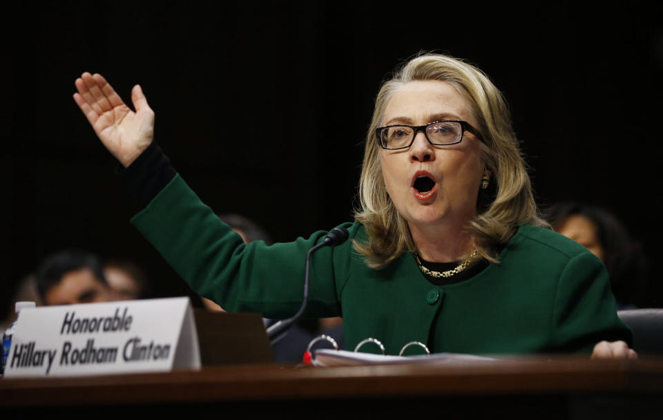 Then-Secretary of State Hillary Clinton pounds on a table responding to Senate Foreign Relations Committee Chair Ron Johnson (R-Wis.) while testifying about the attack on U.S. diplomatic sites in Benghazi, Libya, on Jan. 23, 2013.  (Photo: Jason Reed / Reuters)