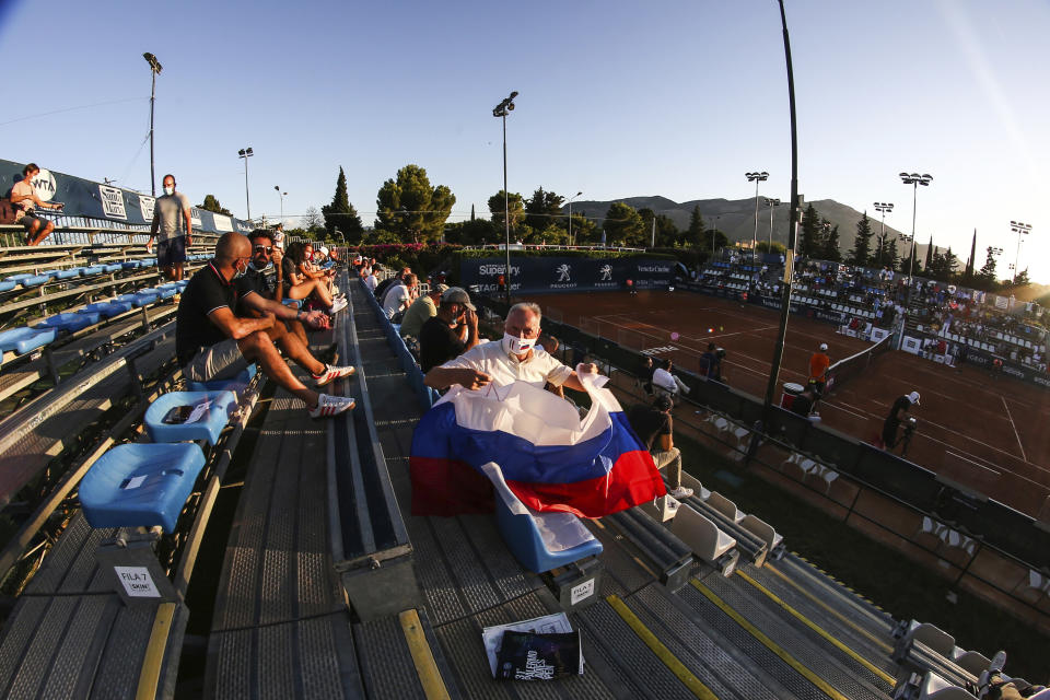 A view of the central court during Palermo Ladies Open tennis tournament in Palermo, Italy, Thursday, Aug. 6, 2020. Tour-level tennis resumed after a five-month enforced break and players at the Palermo Ladies Open had to handle their own towels and not shake hands of opponents. The strict rules because of the coronavirus included no showers on site, and no autographs or photos with fans. Players in the singles main draw come from 15 countries, all in Europe. (Palermo Ladies Open via AP)