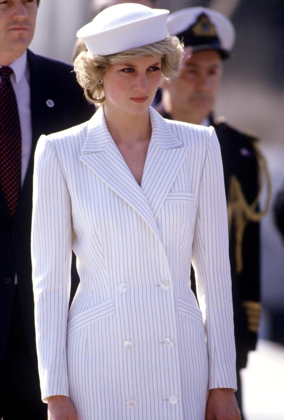 Diana Princess of Wales arrives at the naval base on April 20, 1985 in La Spezia, Italy