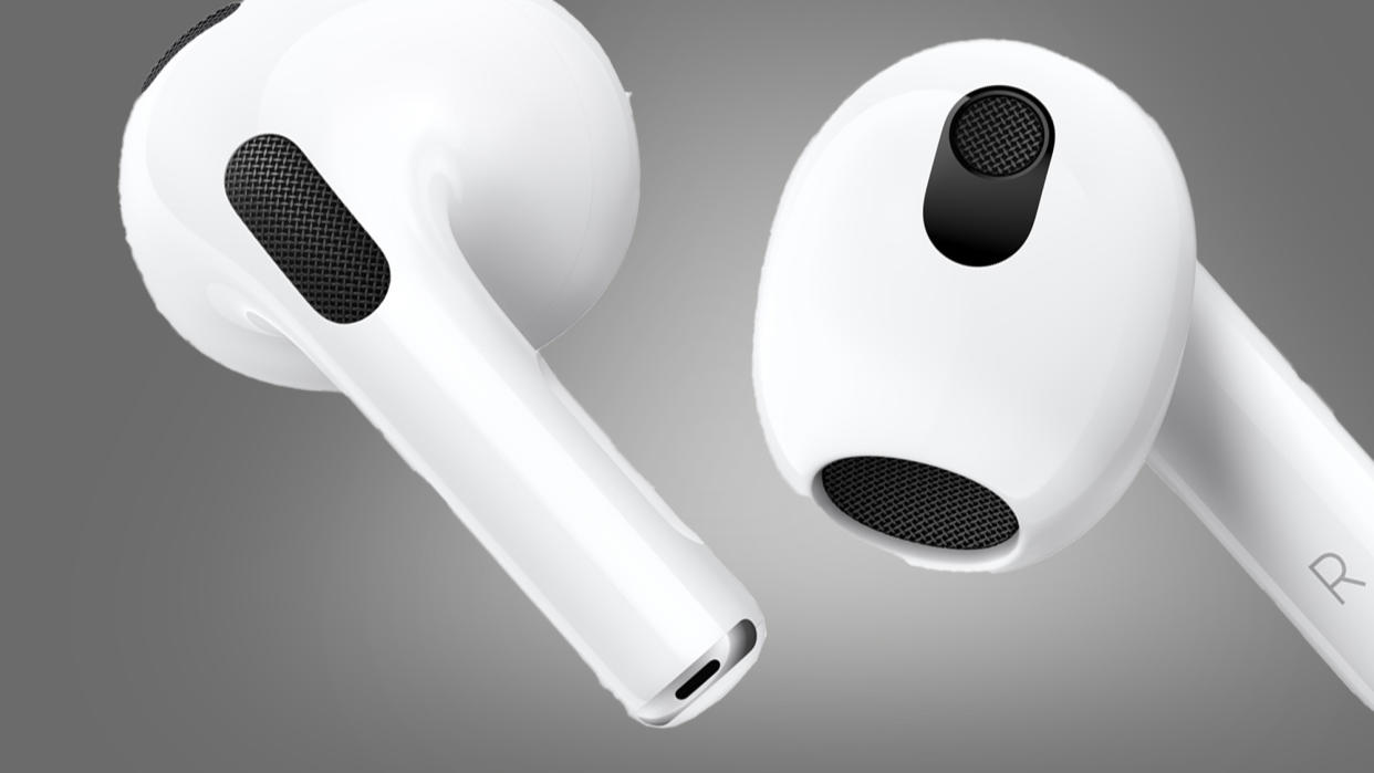  The Apple AirPods 3 earphones on a grey background. 