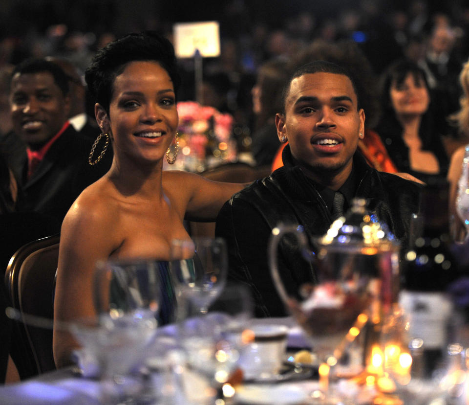 Rihanna and Chris Brown attends the 2009 GRAMMY Salute To Industry Icons honoring Clive Davis at the Beverly Hilton Hotel on February 7, 2009 in Beverly Hills, California.