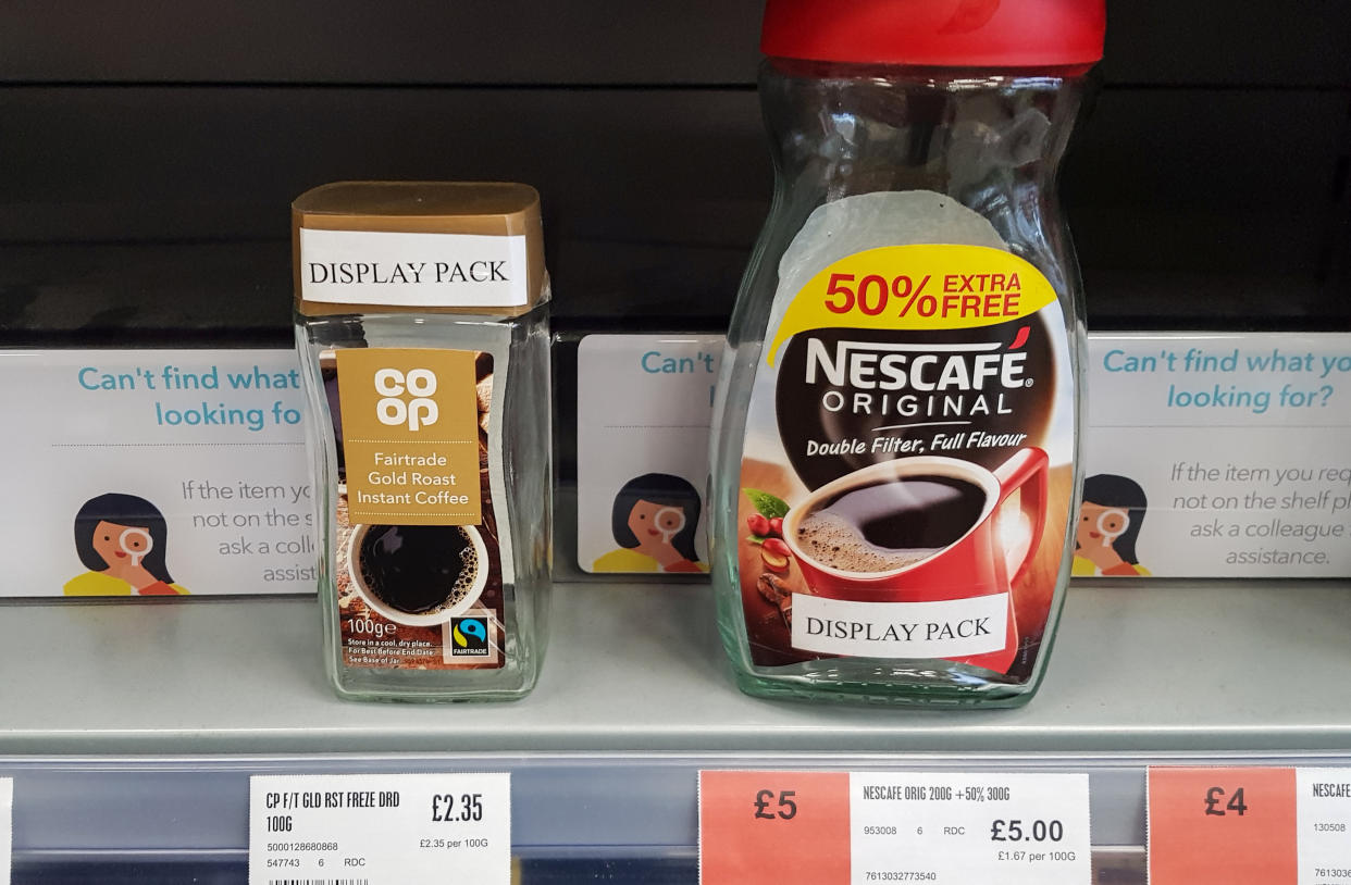 The Co-op store in Redcliffe, Bristol which is putting empty containers on the shelves after a spate of thefts. November 09, 2019.   A supermarket has brought in unusual measures to combat daily shoplifting attempts.  The Co-op on The Square, Redcliffe, Bristol,  is displaying empty containers of coffee and laundry detergent, while limiting the number of meats and cheeses on shelves.  An employee at the shop says thieves target it several times each day, repeat offenders even disguising themselves to avoid detection.  The store has also been cutting holes at the bottom of cardboard boxes which hold sweets so that thieves can't take them away in bulk   See SWNS story SWBRempty.