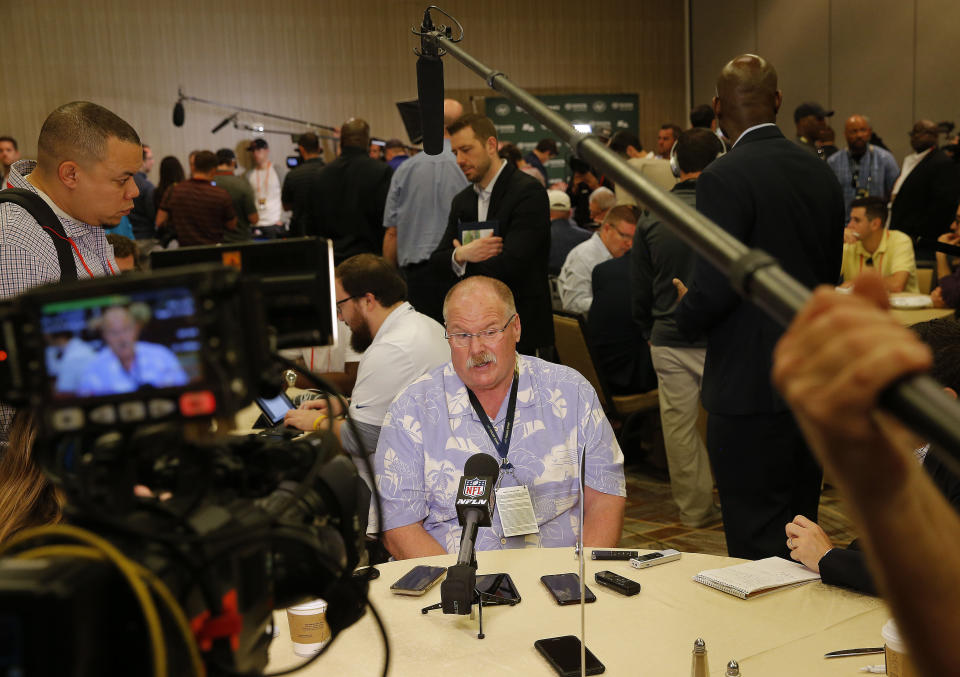 Kansas City Chiefs head coach Andy Reid speaks to the media during the NFC/AFC coaches breakfast during the annual NFL football owners meetings, Tuesday, March 26, 2019, in Phoenix. (AP Photo/Matt York)