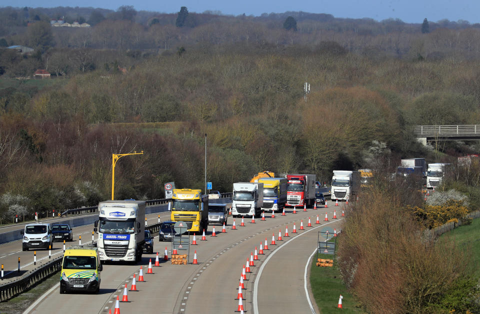 A view of the M20 motorway near Maidstone in Kent, as one side of the main motorway to the Port of Dover closes for Operation Brock, a contraflow system between junctions 8 and 9 to ease congestion in Kent if traffic grinds to a standstill in the event of a no-deal Brexit. (Photo by Gareth Fuller/PA Images via Getty Images)