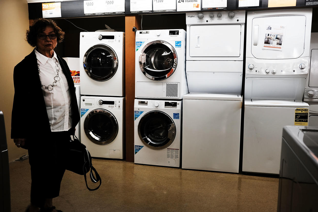 Washing machines and dryers stand in a Manhattan appliance store on September 19, 2018 in New York City. (Photo by Spencer Platt/Getty Images)