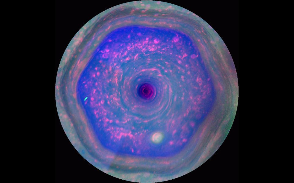 24. SATURN HAS A HEXAGONAL-SHAPED STORM