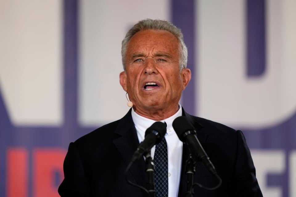 Presidential candidate Robert F. Kennedy, Jr. speaks during a campaign event at Independence Mall, Monday, Oct. 9, 2023, in Philadelphia. (AP Photo/Matt Rourke) ORG XMIT: PAMS116