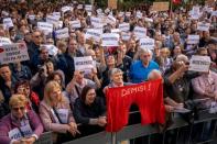 Demonstrators hold banners during a protest rally demanding resignation of Czech Prime Minister Andrej Babis in Prague, Czech Republic, May 21, 2019. REUTERS/Bundas Engler NO RESALES. NO ARCHIVES.