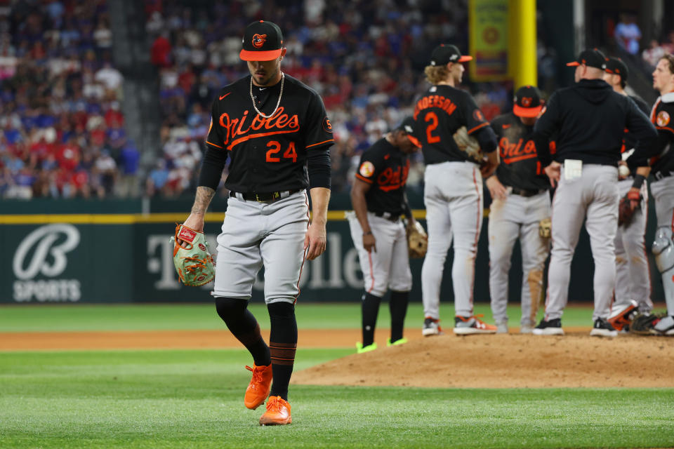 ARLINGTON, TEXAS - OCTOBER 10: DL Hall #24 of the Baltimore Orioles is removed from the game against the Texas Rangers during the eighth inning in Game Three of the Division Series at Globe Life Field on October 10, 2023 in Arlington, Texas. (Photo by Richard Rodriguez/Getty Images)