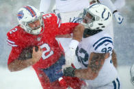 <p>Nathan Peterman #2 of the Buffalo Bills is tackled by Margus Hunt #92 of the Indianapolis Colts during the first quarter on December 10, 2017 at New Era Field in Orchard Park, New York. (Photo by Brett Carlsen/Getty Images) </p>