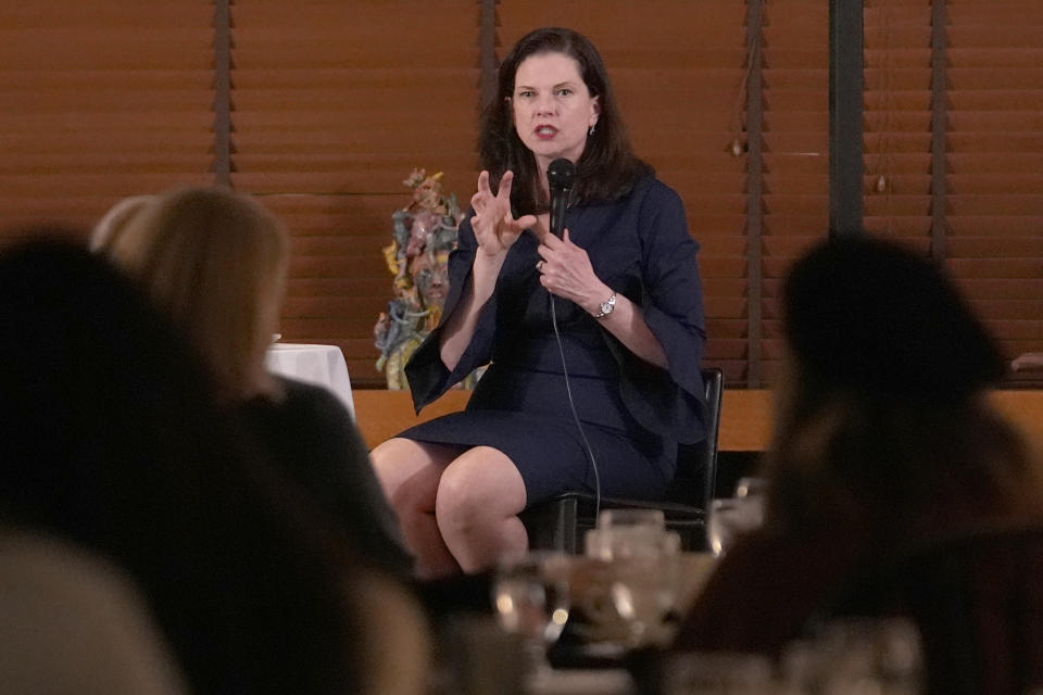 Eileen O'Neill Burke, a former appellate judge, responds to a question from a member of the Cliff Dwellers Club Thursday, March 7, 2024, in Chicago. An open seat to lead the nation's second-largest prosecutor's office has become one of the most spirited races in the Illinois primary. The Democratic matchup is between O'Neill Burke, a tough-on-crime judge and Clayton Harris III, an attorney with union and establishment backing. (AP Photo/Charles Rex Arbogast)