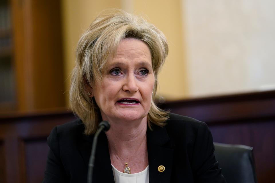 Sen. Cindy Hyde-Smith, R-Miss., speaks during a Senate Agriculture, Nutrition, and Forestry Committee hearing on Capitol Hill in Washington, Thursday, March 11, 2021, on climate change.
