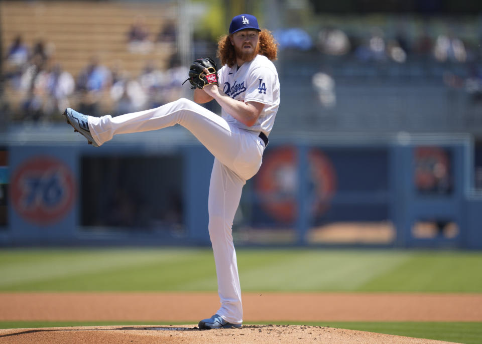 Los Angeles Dodgers starting pitcher Dustin May (85) throws during the first inning of a baseball game against the Minnesota Twins in Los Angeles, Wednesday, May 17, 2023. (AP Photo/Ashley Landis)