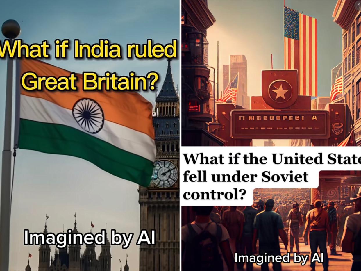 A collage showing three AI-generated images of fictionalized worlds. First image depicts the Indian flag with the Big Ben in the background and the words "What if India ruled Great Britain?" The second image depicts the US under Soviet rule, with the caption "What if the United States fell under Soviet control?" The third image shows the Mexican flag set against the US skyline, with the caption "What if Mexico invaded the USA?"