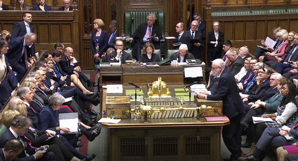 In this grab taken from video, Britain's Labour leader Jeremy Corbyn speaks during Prime Minister's Questions in the House of Commons, London, Wednesday May 1, 2019. (House of Commons/PA via AP)