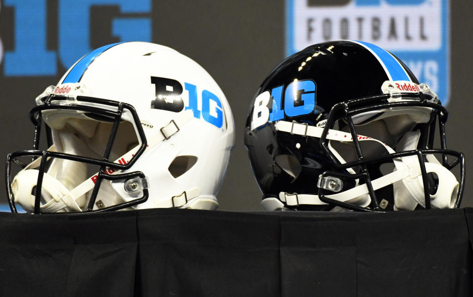 Jul 26, 2022; Indianapolis, IN, USA;  Big Ten conference helmets are displayed during Big 10 football media days at Lucas Oil Stadium. Mandatory Credit: Robert Goddin-USA TODAY Sports
