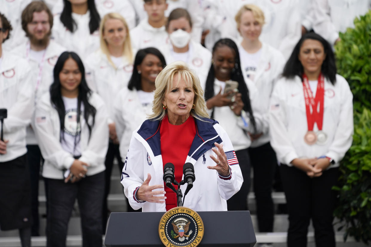 First lady Jill Biden speaks during an event with the Tokyo 2020 Summer Olympic and Paralympic Games, and Beijing 2022 Winter Olympic and Paralympic Games, on the South Lawn of the White House, Wednesday, May 4, 2022, in Washington. (AP Photo/Evan Vucci)