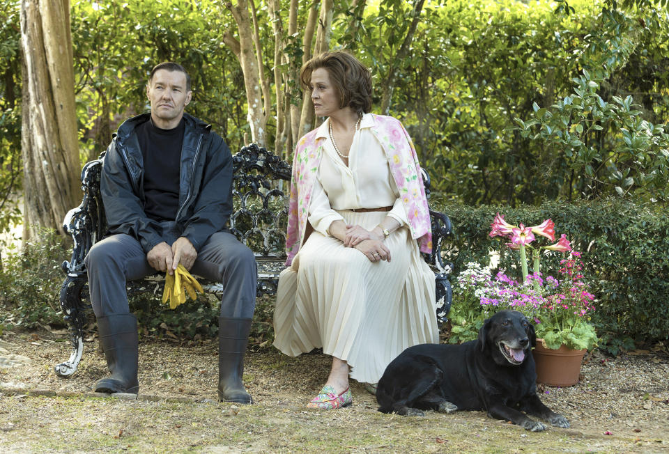 This image released by Magnolia Pictures shows Joel Edgerton, left, and Sigourney Weaver in a scene from "Master Gardener." (Magnolia Pictures via AP)