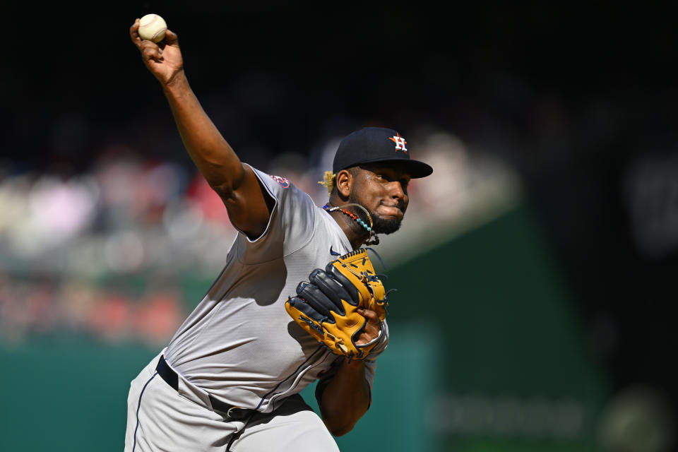 Houston Astros pitcher Bryan Abreu throws during the first inning of a baseball game against the Washington Nationals at Nationals Park, Saturday, April 20, 2024, in Washington. (AP Photo/John McDonnell)