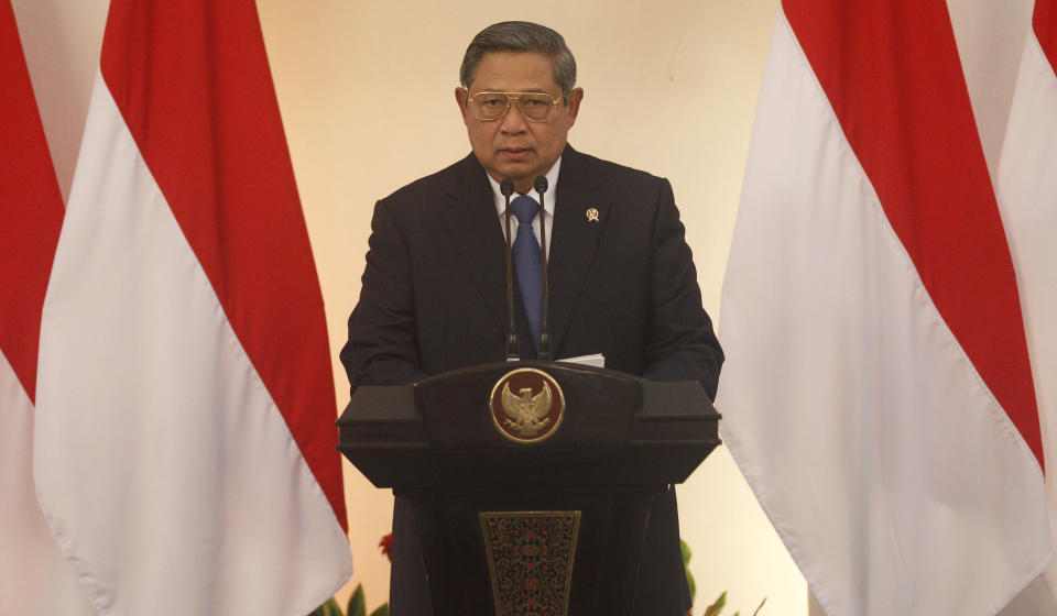 Indonesian President Susilo Bambang Yudhoyono delivers his speech during the 2nd Conference on Cooperation among East Asian Countries for Palestinian Development (CEAPAD) in Jakarta, Indonesia, Saturday, March 1, 2014. (AP Photo/Achmad Ibrahim, Pool)