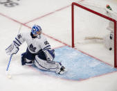 Toronto Maple Leafs goaltender Jack Campbell (36) gives up a goal to Montreal Canadiens' Jesperi Kotkaniemi during overtime in Game 6 of an NHL hockey Stanley Cup first-round playoff seres Saturday, May 29, 2021, in Montreal. (Ryan Remiorz/The Canadian Press via AP)