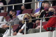 First lady of the United States Jill Biden watches during a women's soccer match between the United States and New Zealand at the 2020 Summer Olympics, Saturday, July 24, 2021, in Saitama, Japan. (AP Photo/Martin Mejia)