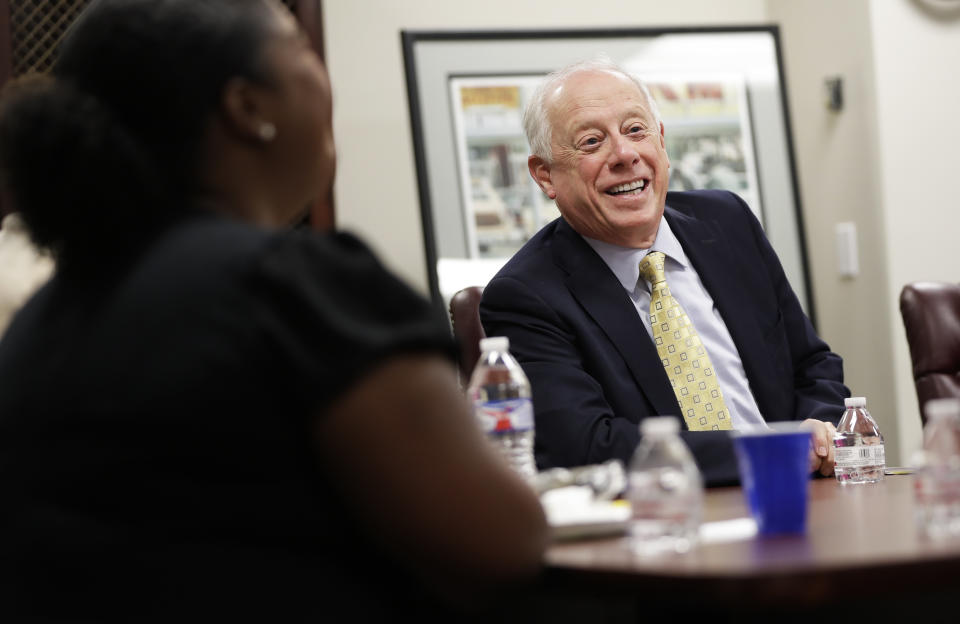 In this Sept. 19, 2018, photo, former Tennessee Democratic Gov. Phil Bredesen takes part in a roundtable discussion in Nashville, Tenn. Bredesen is a Democrat. But he'd rather you not mention that. So far his strategy of trying to maintain "independence from all of the national Democratic stuff" is working for the two-term Tennessee governor now running for Senate.(AP Photo/Mark Humphrey)