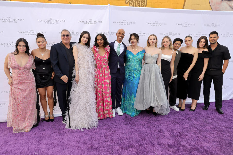 (L-R) Brenna D'Amico, Sarah Jeffery, Kenny Ortega, Sofia Carson, China Anne McClain, Victor Boyce, Libby Boyce, Dove Cameron, Sophie Reynolds, Karan Brar, Paulina Char, Tay Lautner and Taylor Lautner attend the Cameron Boyce Foundation's 3rd Annual Cam for a Cause Gala at The Beehive on June 2, 2024 in Los Angeles, California.)