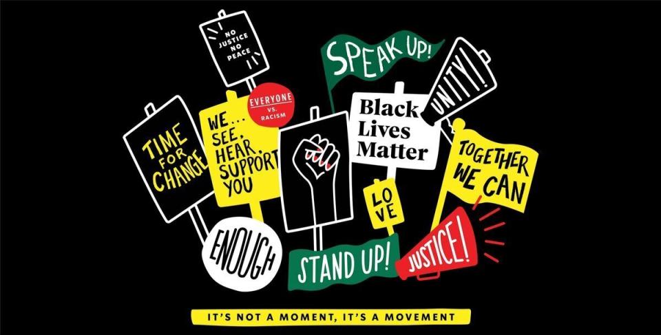In this undated image provided by Starbucks via Twitter is a graphic with Black Lives Matter signs for the company's new t-shirts. Starbucks announced Friday, June 12, 2020, that it is creating its own Black Lives Matter shirt that will soon be sent to more than 250,000 store partners for employees to wear if they choose. The move comes after the coffee chain reportedly banned employees from wearing Black Lives Matter gear.(Starbucks via AP)