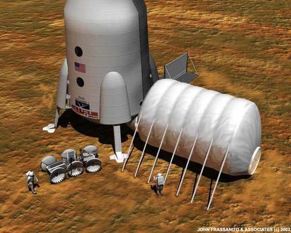 The image shows an artist's rendition of a future base on Mars. A manned-Mars mission would take require astronauts being in space for more than a year. Currently, there isn't enough research to know what long-term deep space travel would do to